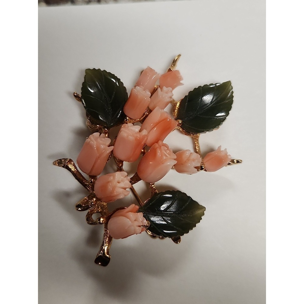 Vintage Swoboda Pink Coral And Green Jade Flower Brooch
